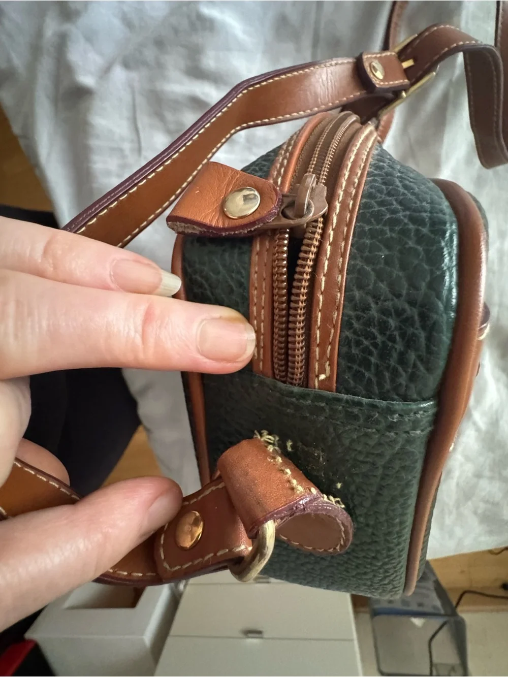 Green Pebbled Leather Crossbody Bag, Tan trim, authentic Braciano Italy classic